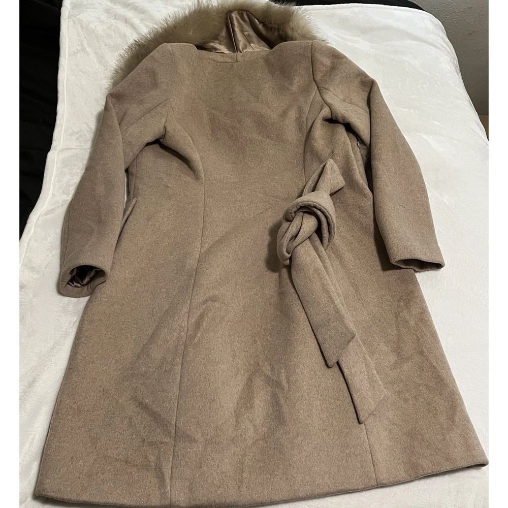 Marciano By Guess Wool Blend Coat Womens Size‎ 2 Tan Camel Faux Fur Trim Belted - Picture 5 of 16